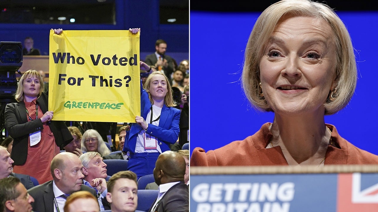 Greenpeace protesters disrupt UK Prime Minister Liz Truss speech with ‘Who voted for this?’ sign