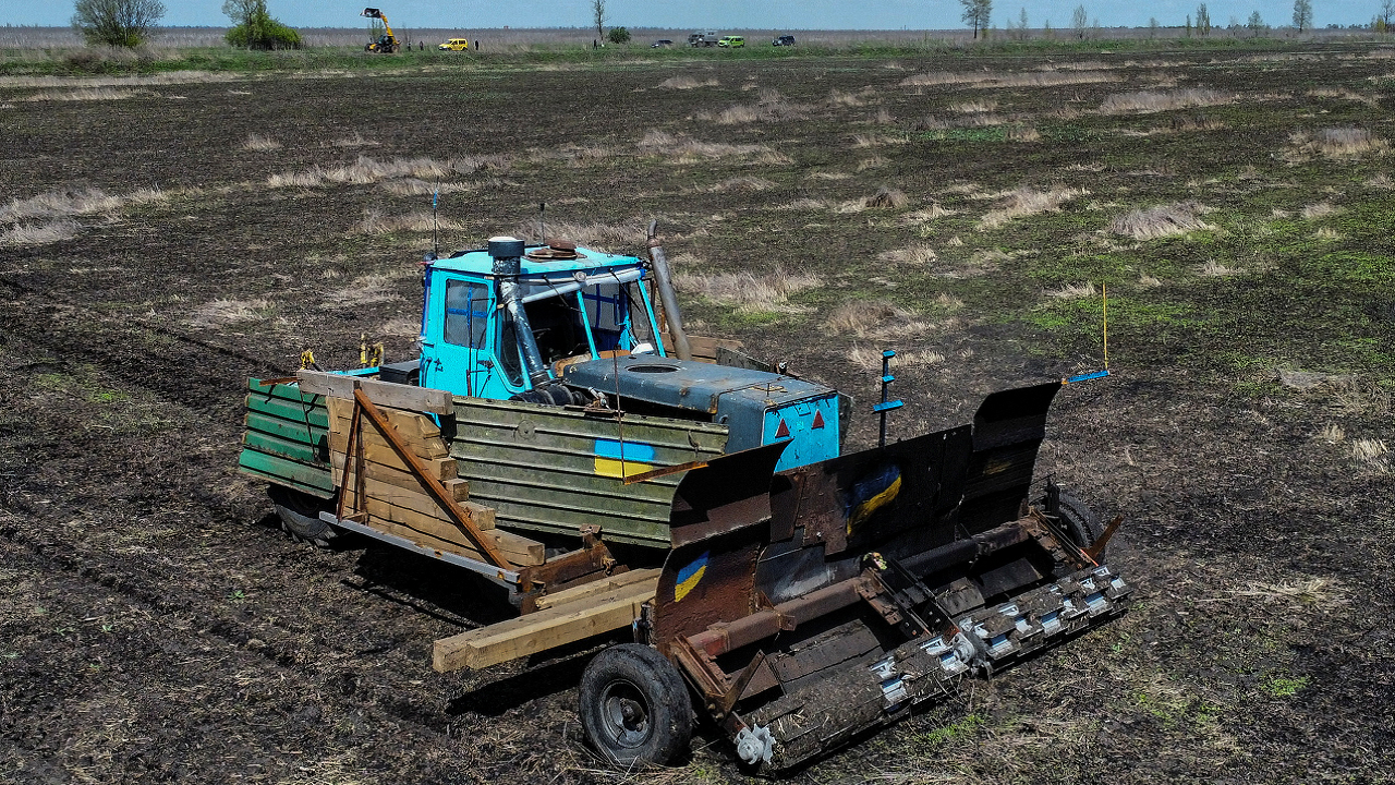 Ukrainian farmer designs mine-clearing tractor using parts from destroyed Russian tanks