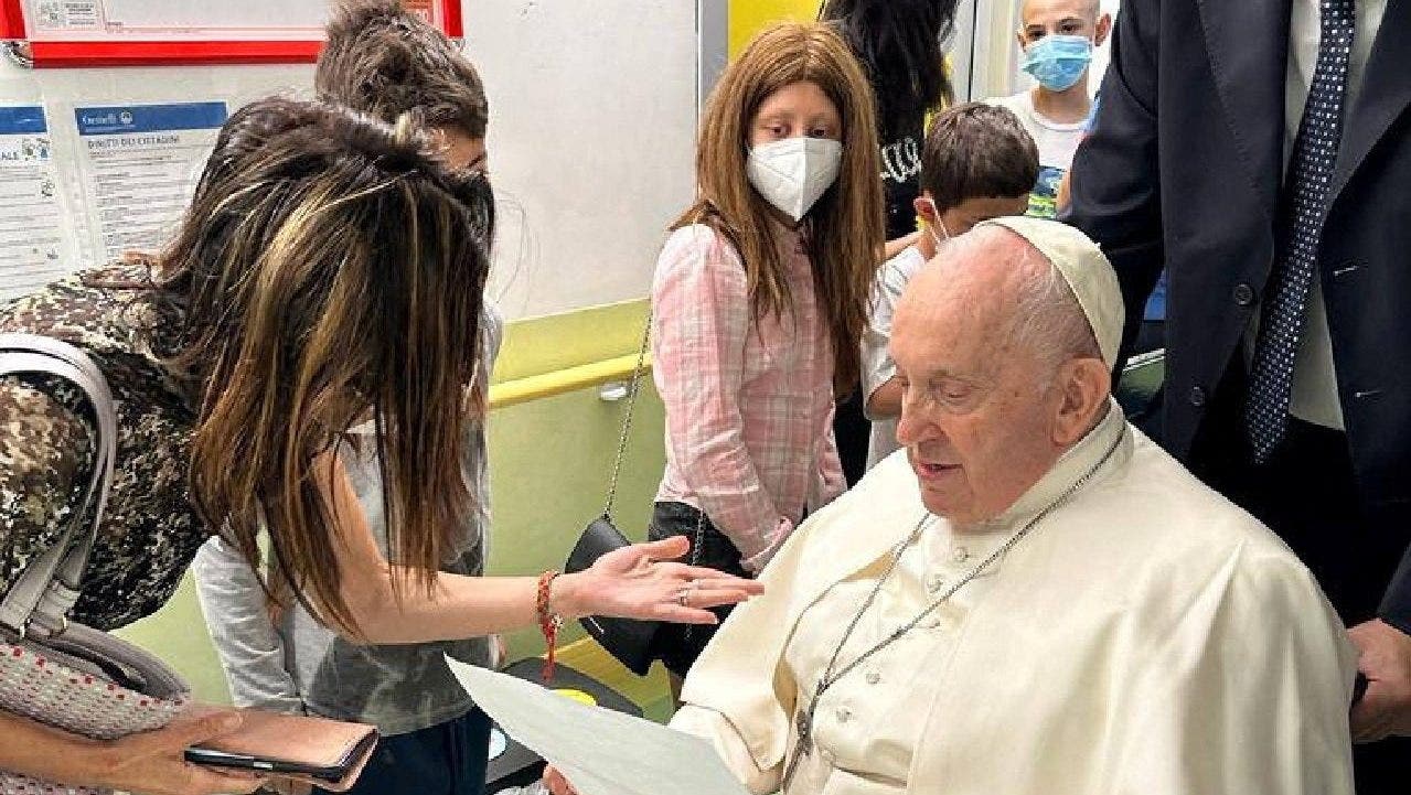 Pope Francis makes first public appearance post-surgery, visits children’s ward before discharge from hospital