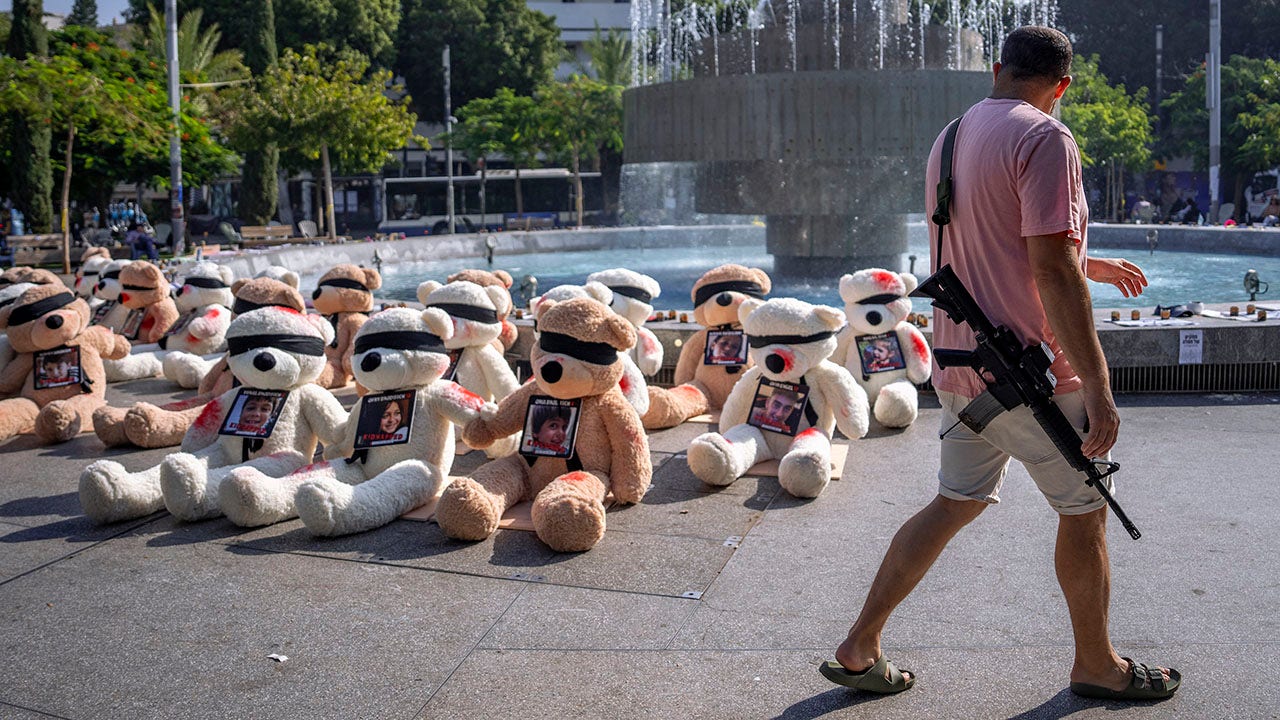 Israel teddy bear display highlights Hamas’ child hostages